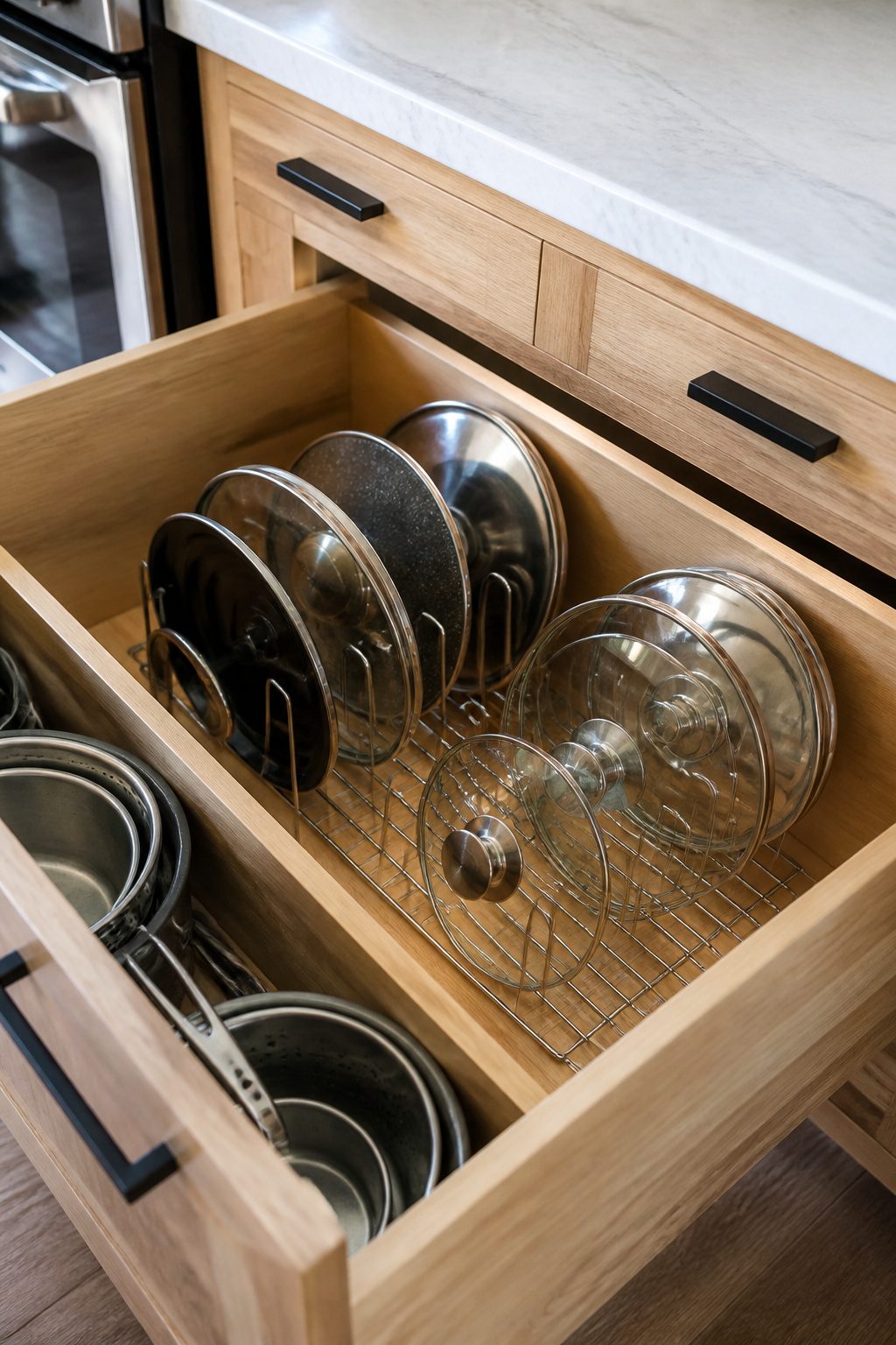 U-shaped wire rack holding pot lids in a kitchen drawer.