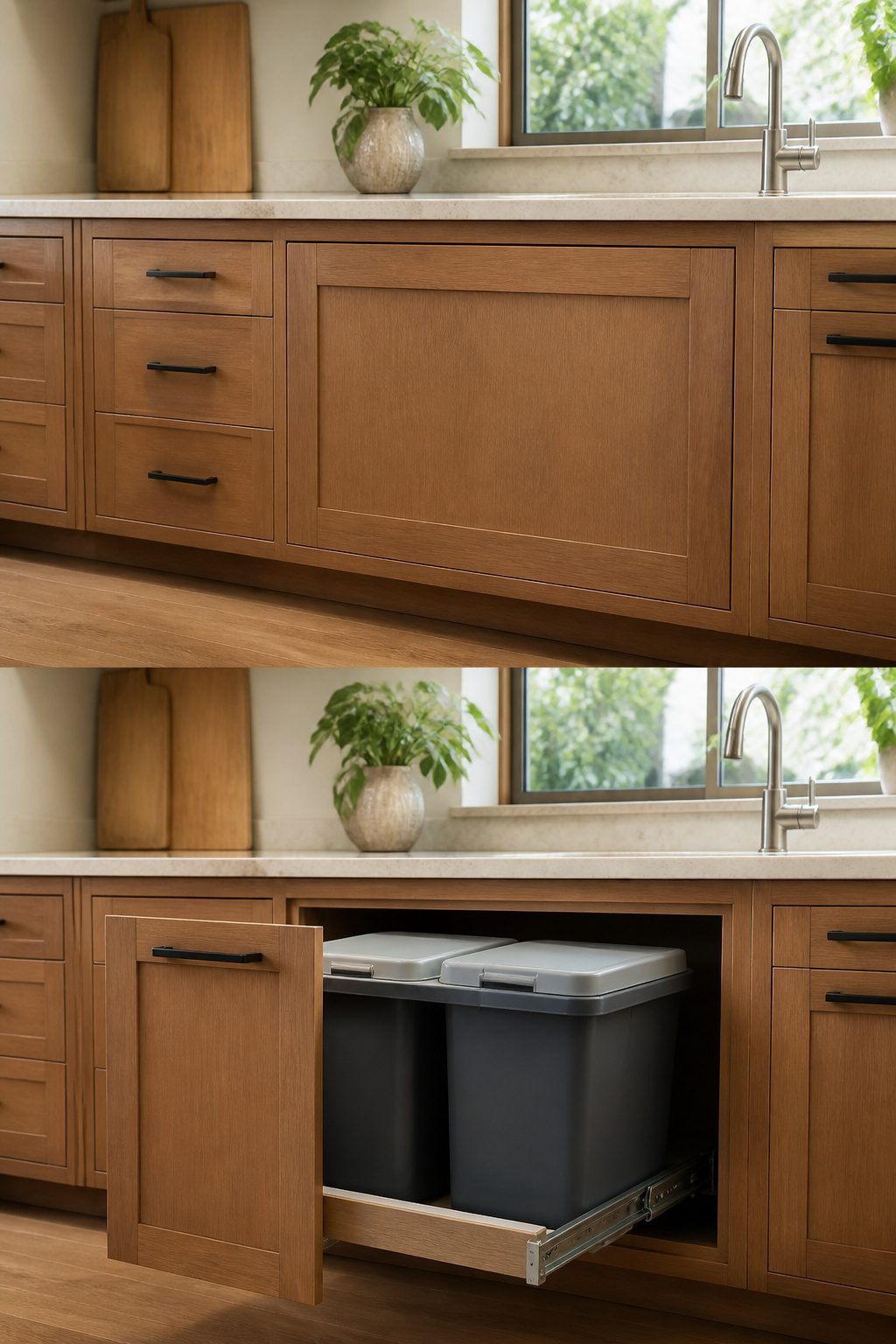 Two pull-out bins for trash and recycling in a cabinet.