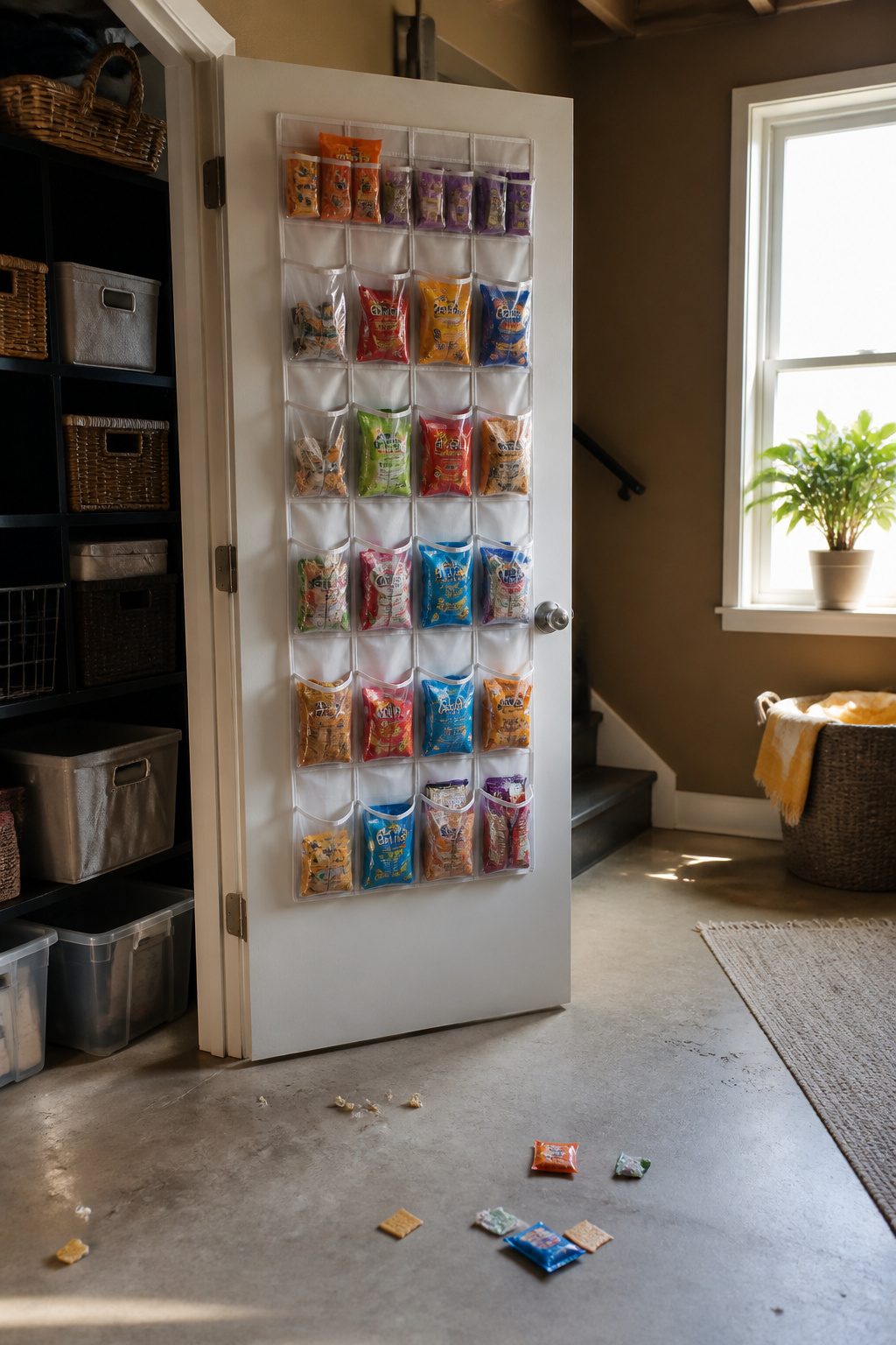 Clear shoe organizer hanging on a door filled with snacks.