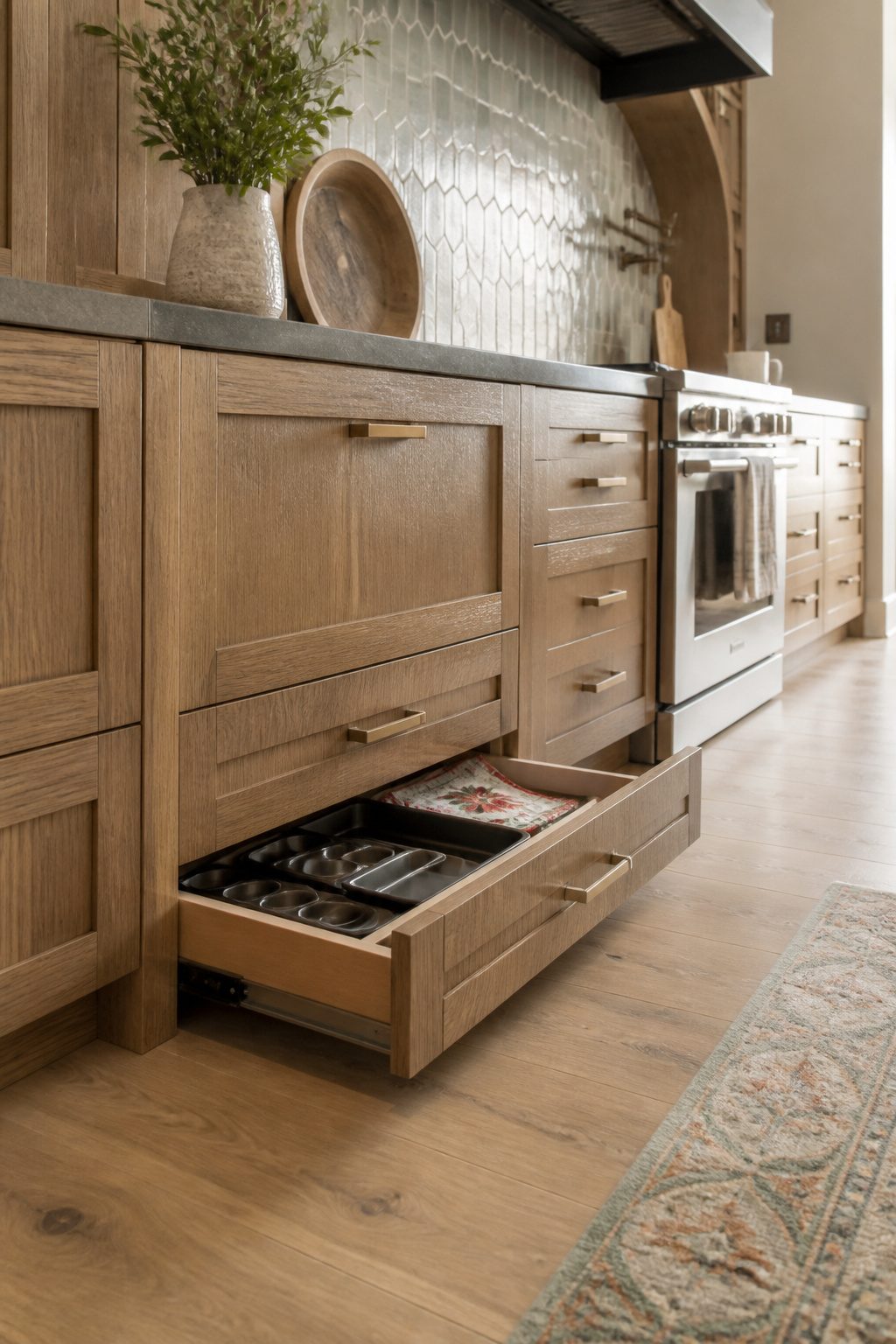 Shallow drawer beneath cabinets for storing flat kitchen tools.