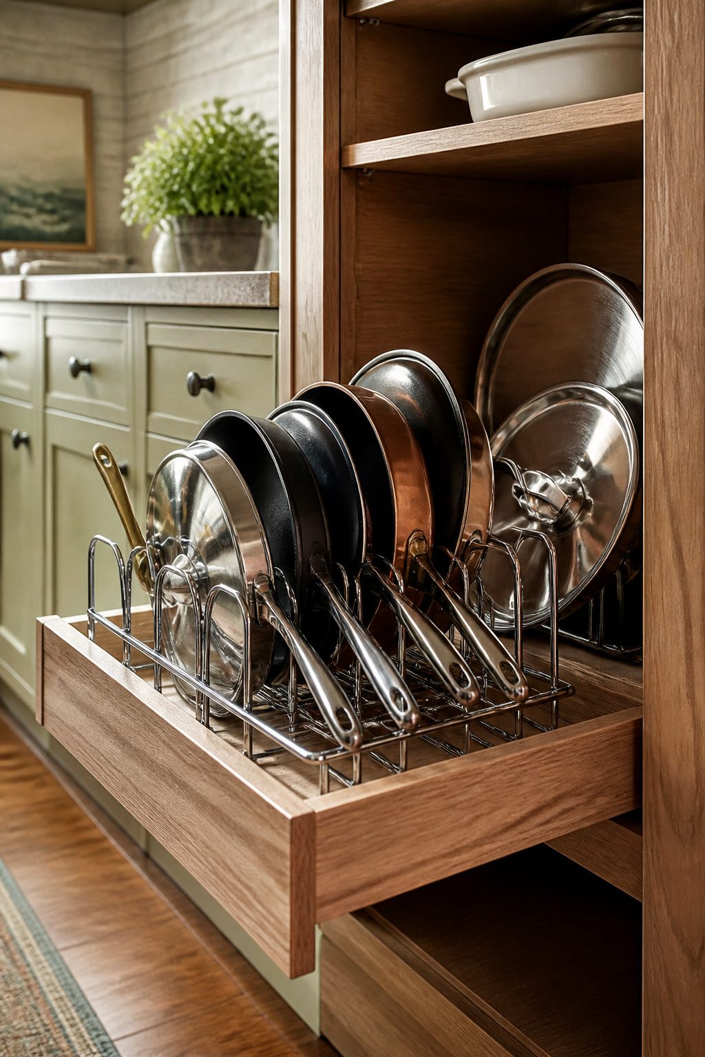 Wire rack displaying pots and pans arranged vertically.