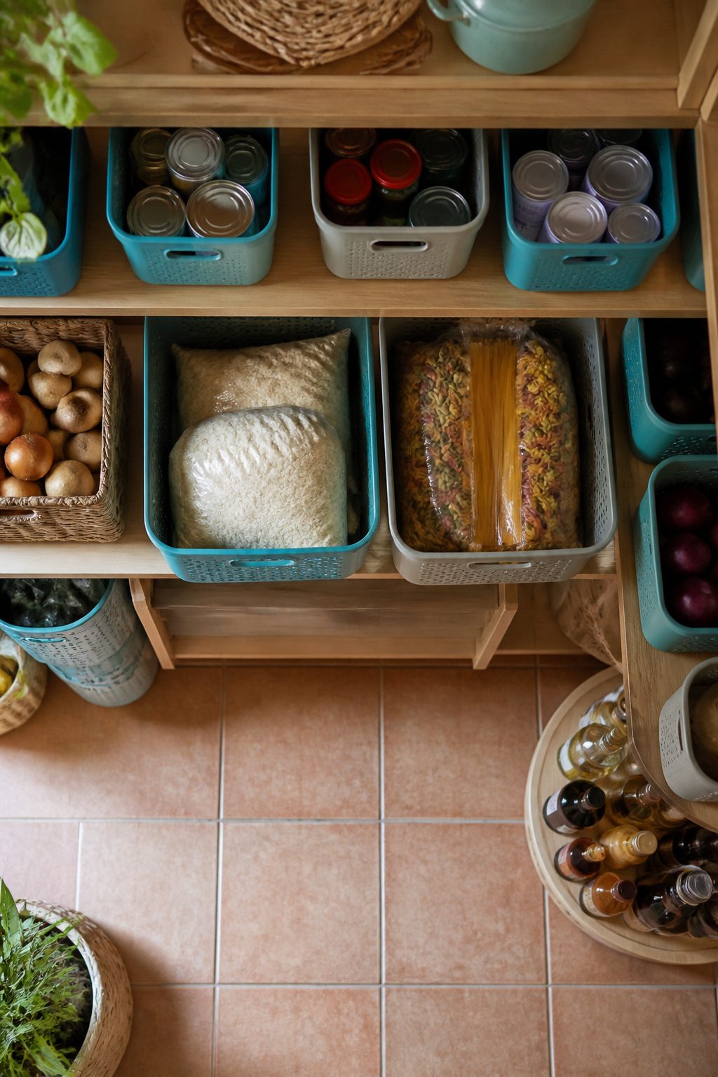 Multiple bins organized in a pantry for different food items.