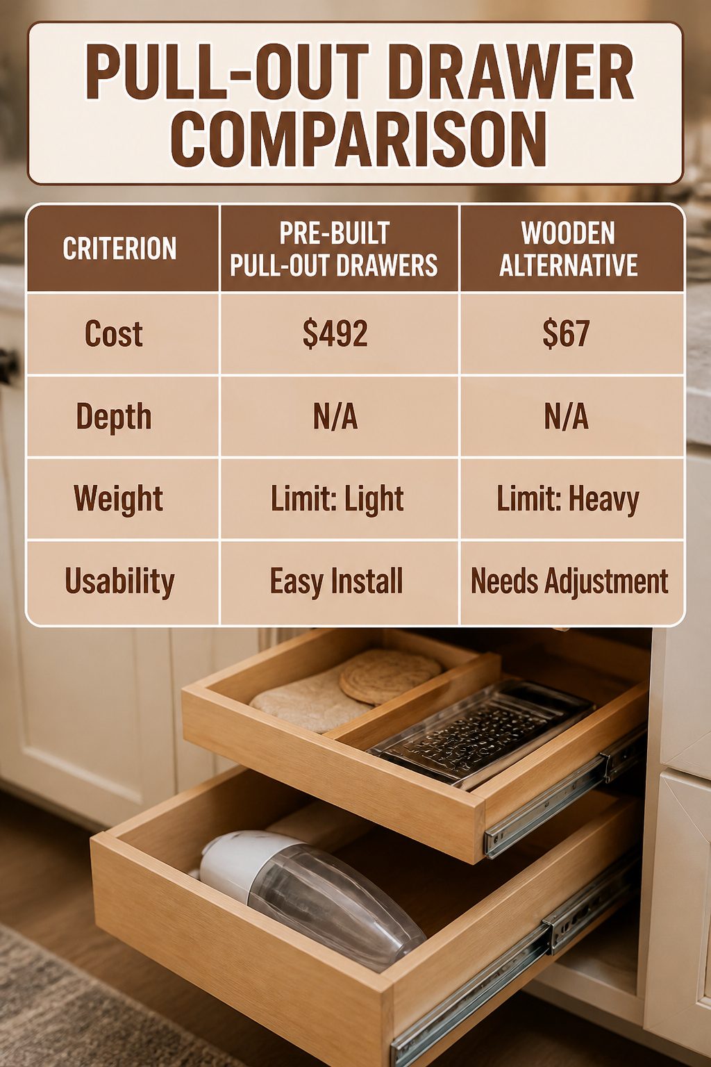Comparison of pull-out drawer options for kitchen cabinets.