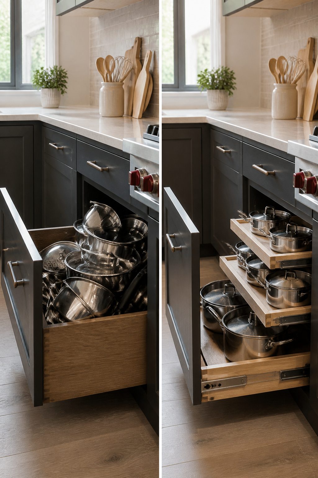 Pull-out tray installed in a deep kitchen drawer.