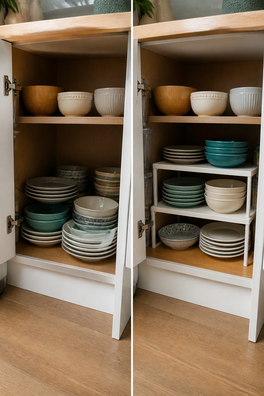 Melamine stacking shelves installed in a kitchen cabinet.