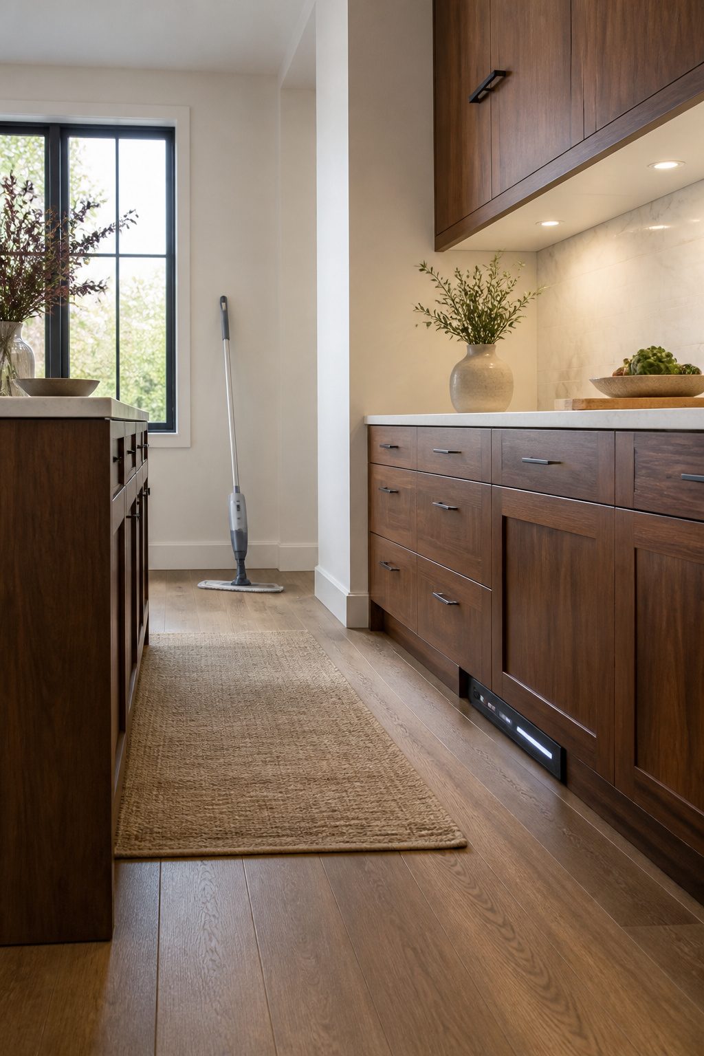 Toe kick vacuum installed at the base of kitchen cabinets.