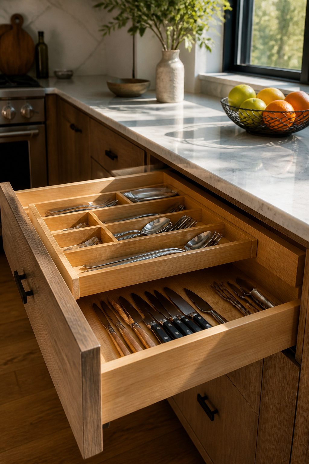 Bamboo cutlery divider with utensils organized in two tiers.