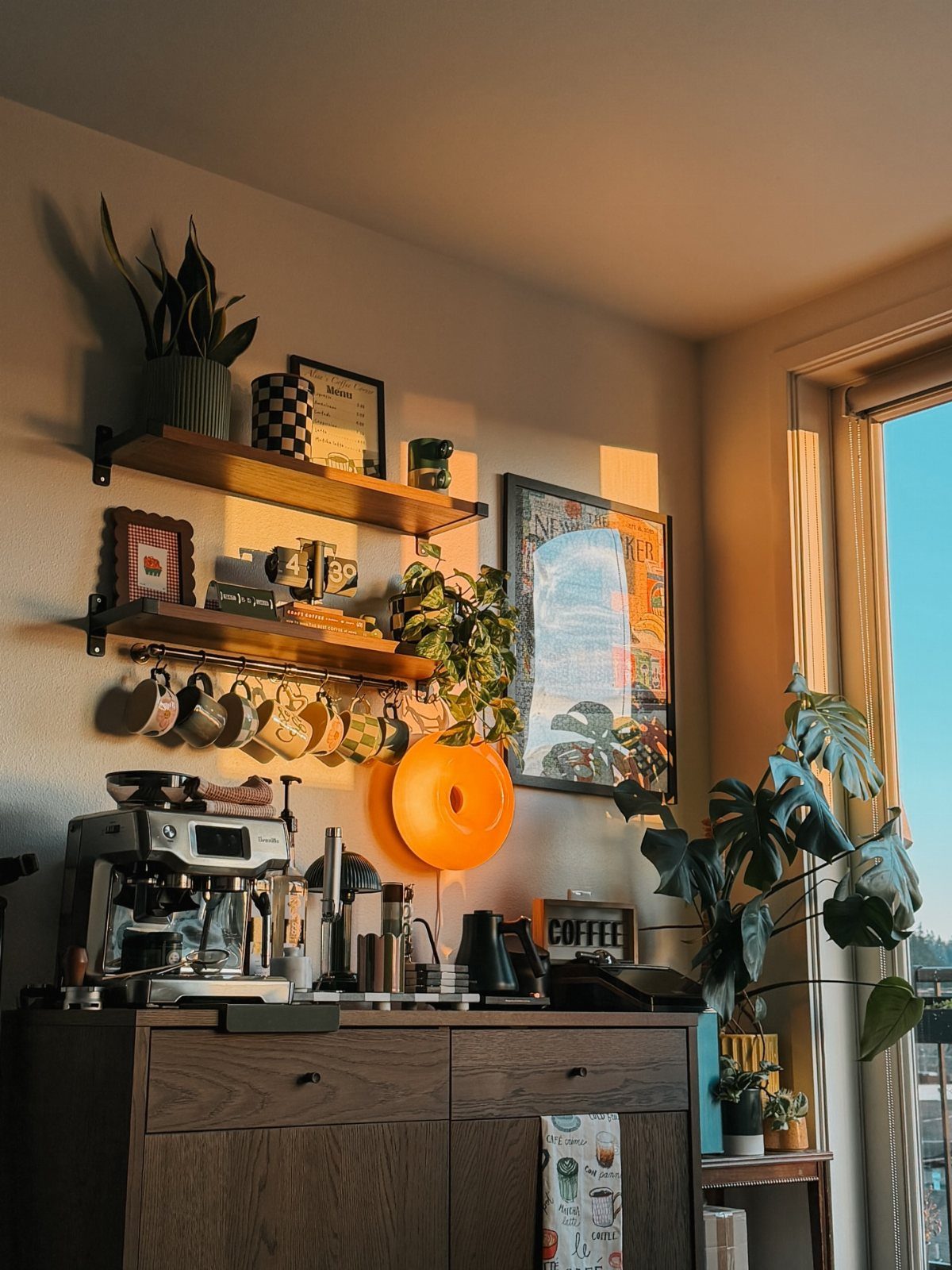 Coffee station with espresso machine, floating shelves, and various green potted indoor plants.