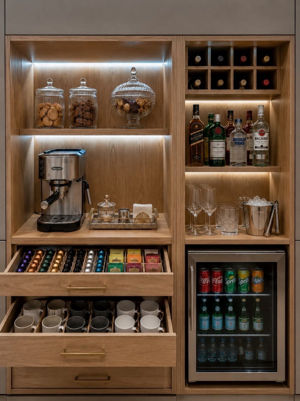 Built-in wooden coffee pantry with espresso machine, pod drawer, and mini beverage fridge.