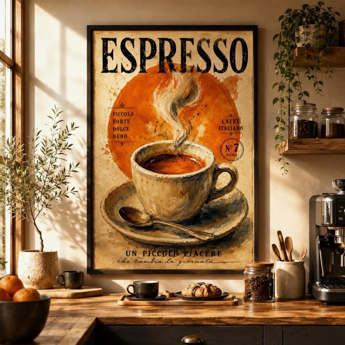 Coffee station with a large vintage espresso poster hanging on the wall above the counter.