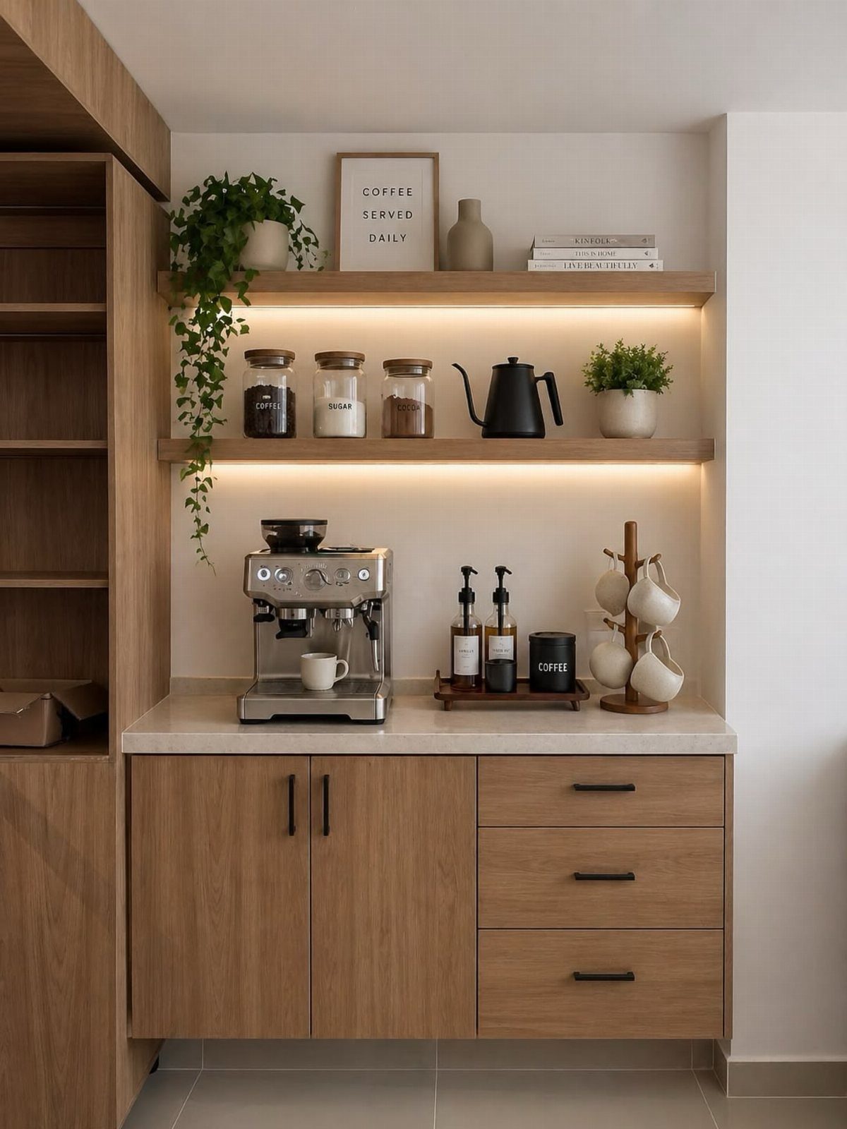 Espresso machine and coffee accessories on a light countertop with wooden floating shelves.