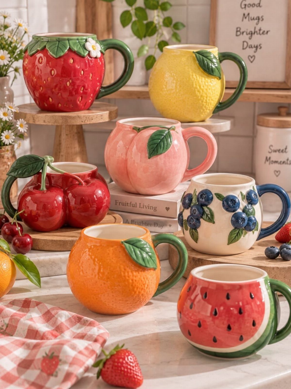 Fruit shaped ceramic mugs in various colors arranged on a kitchen counter.