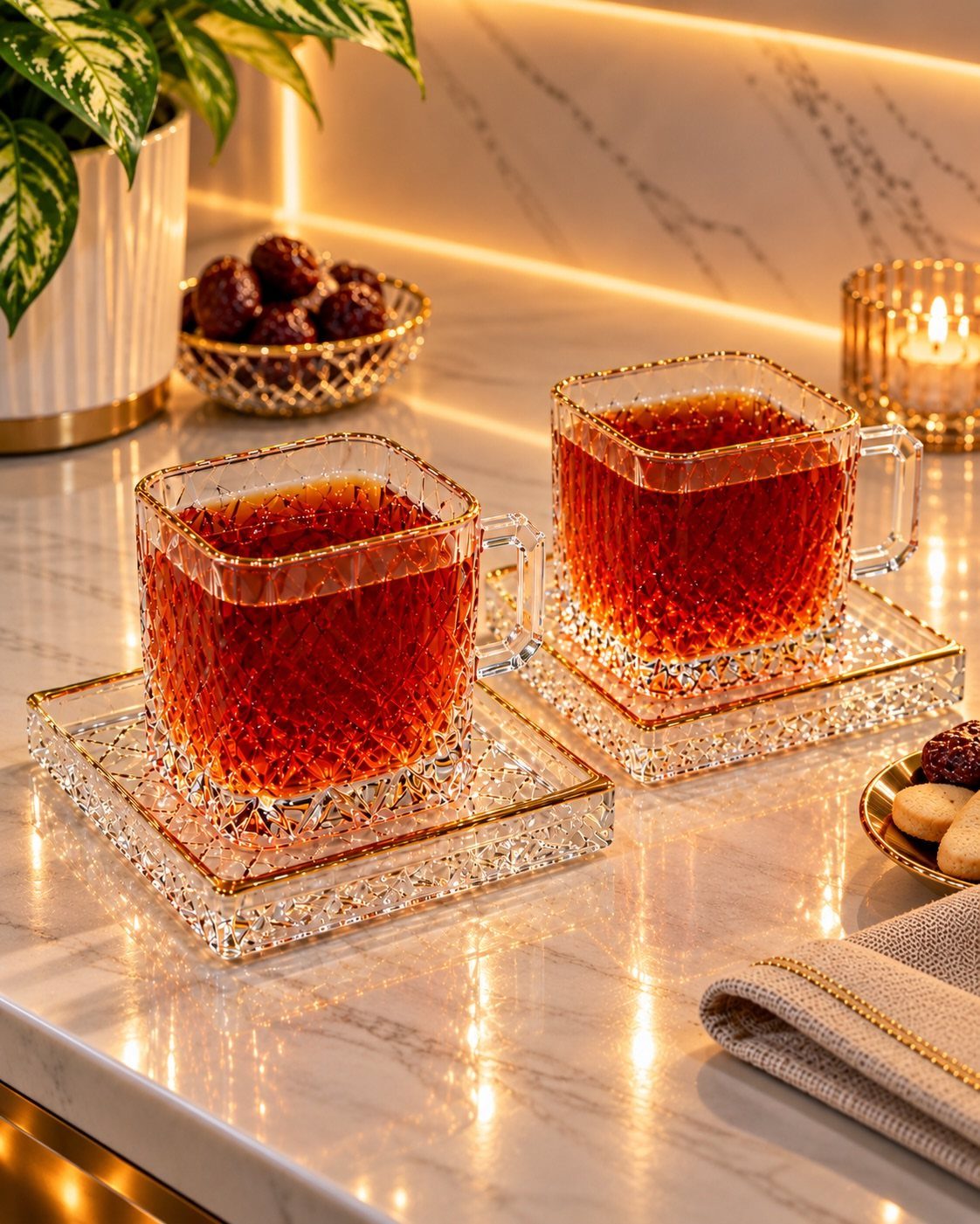 Two glass tea mugs with textured patterns on square glass saucers on marble.