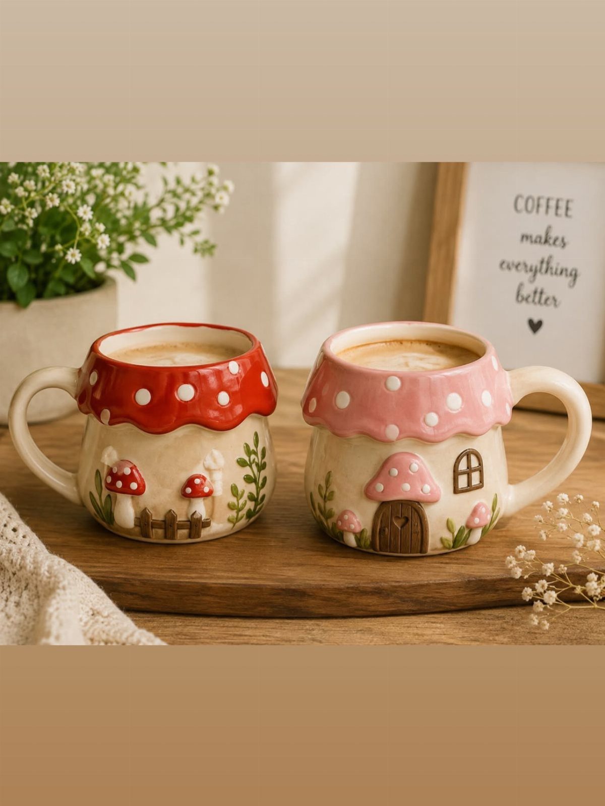 Two mushroom-shaped ceramic mugs with red and pink polka-dot caps on a wooden board.