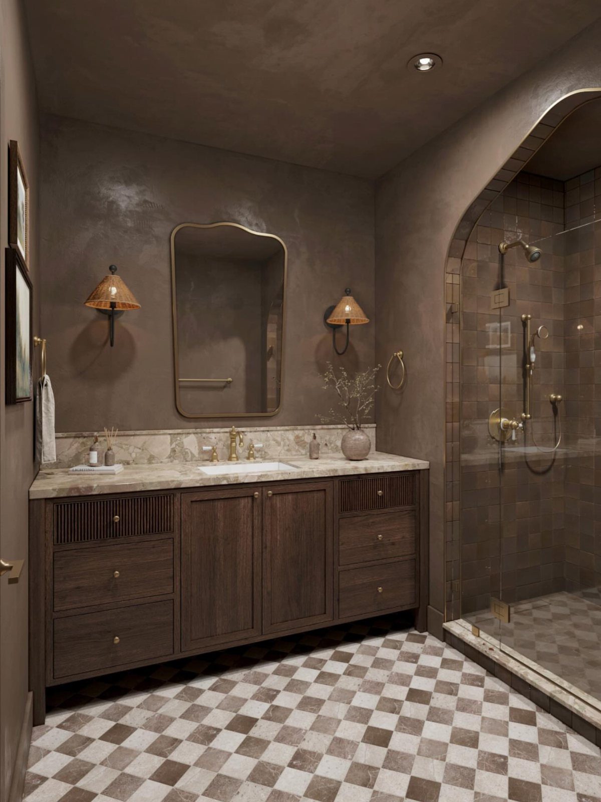 Dark brown bathroom cabinets with a stone countertop and checkered tile flooring.