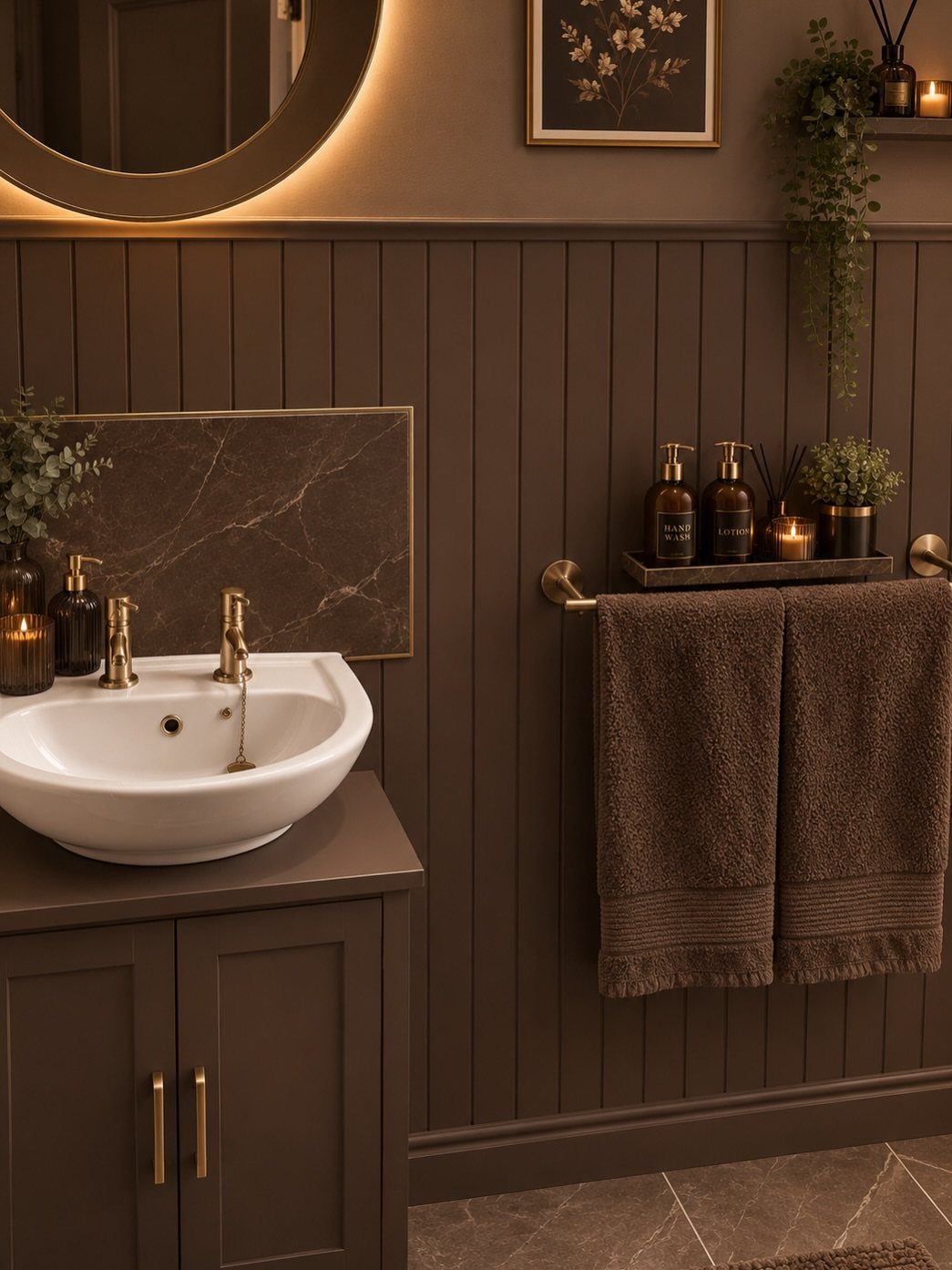 Dark brown bathroom cabinets and paneled walls with warm, golden ambient lighting.