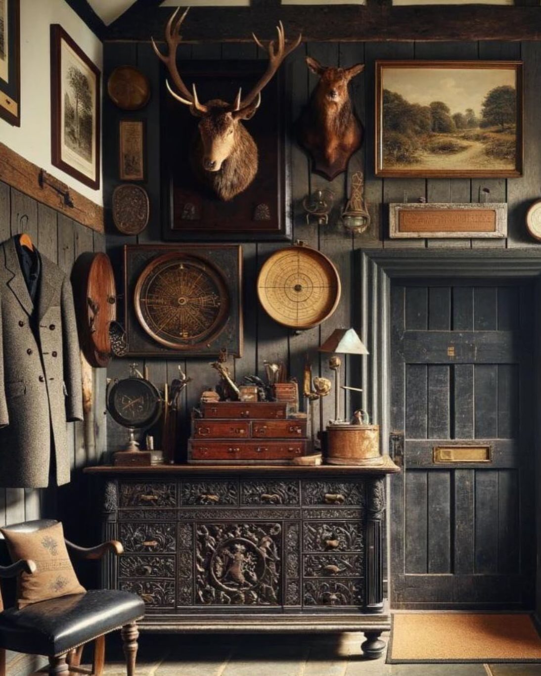 Two taxidermy deer heads mounted on dark wood paneled walls above an ornate sideboard.