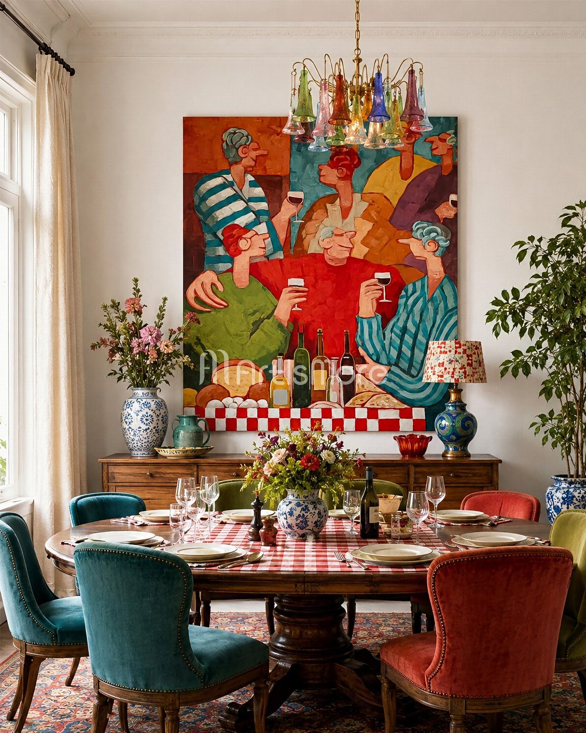Round wooden dining table with colorful velvet chairs in a brightly decorated room.