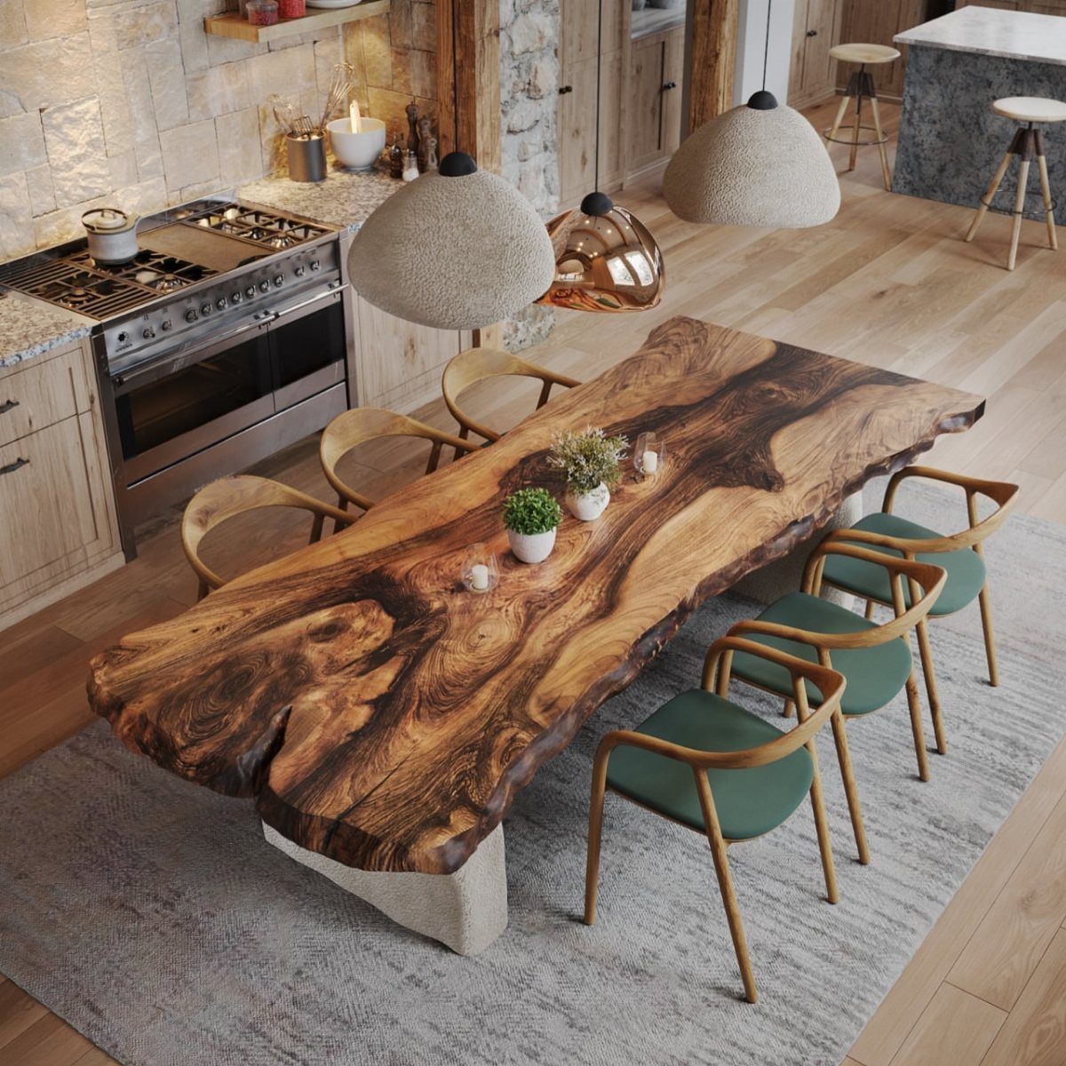Live-edge wooden dining table with green cushioned chairs in a rustic modern kitchen