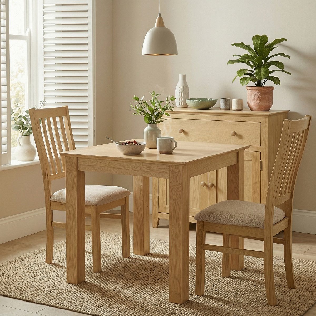 Small square light-wood dining table with two matching chairs on a woven rug.