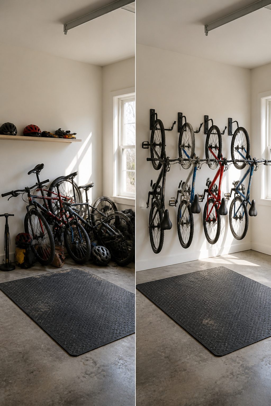Vertical wall-mounted hooks displaying bicycles in a garage.