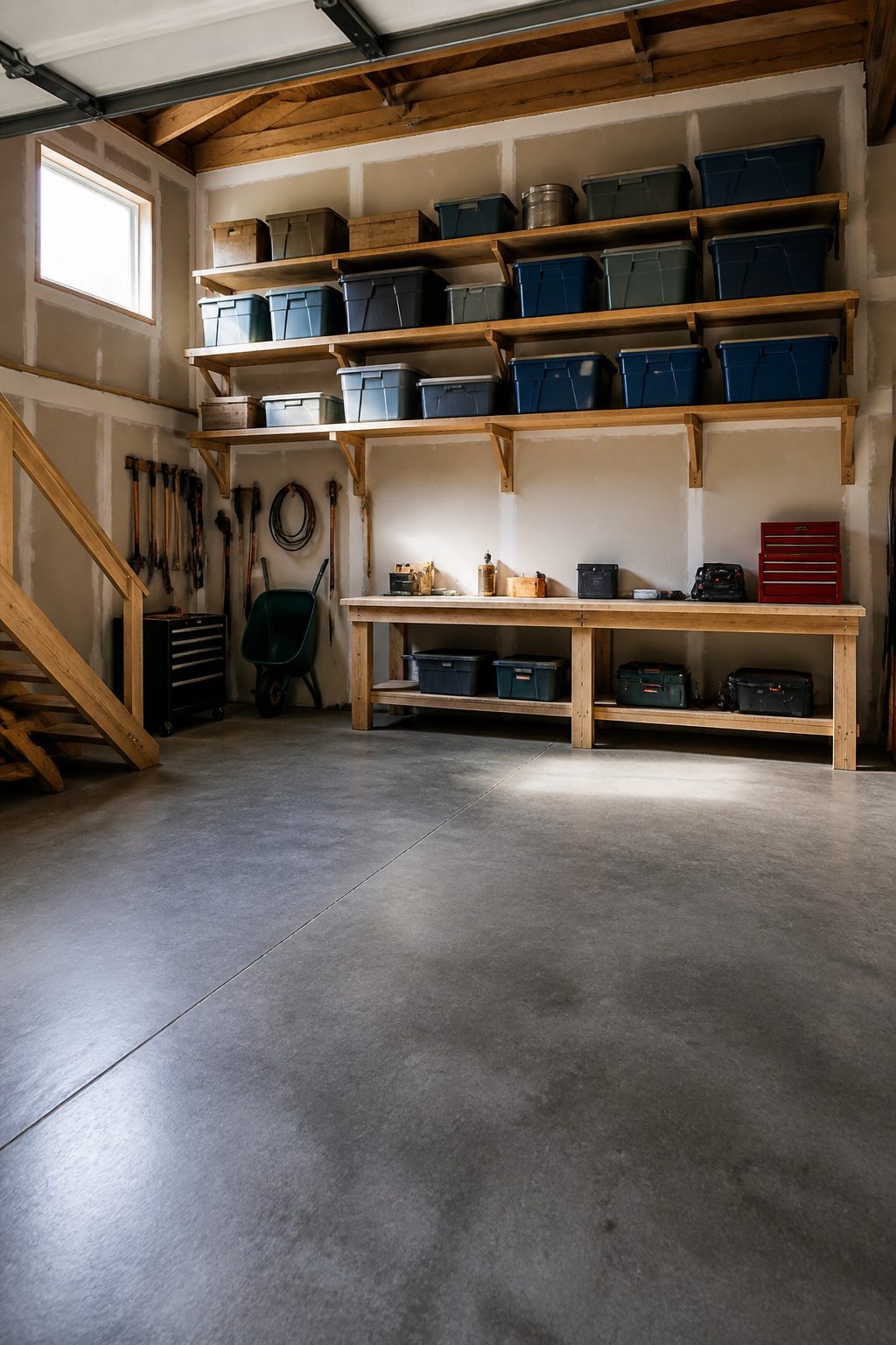 Wall-mounted shelving units filled with bins and storage boxes in a garage.