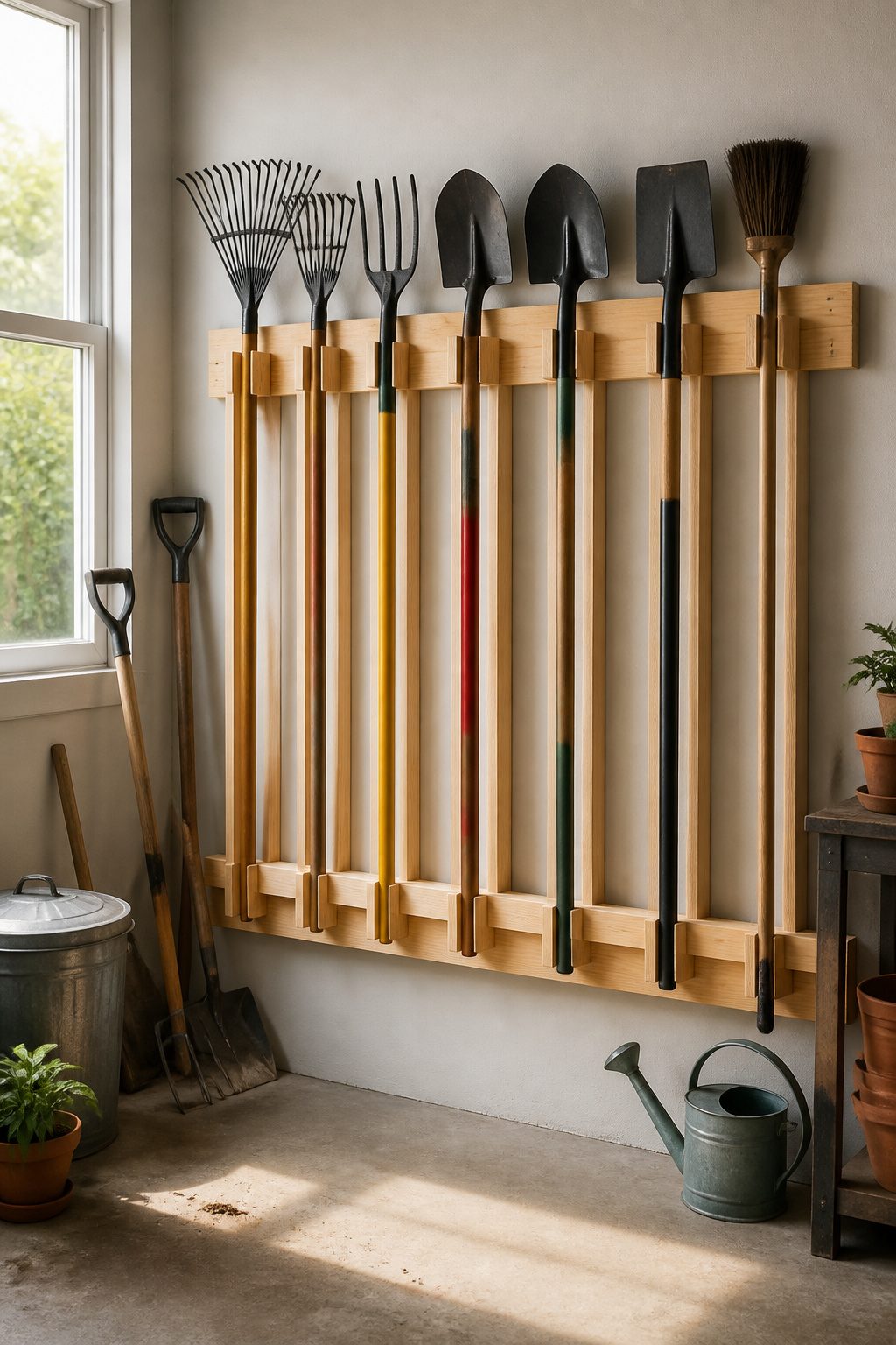 A rack with vertical slots holding long-handled garden tools in a garage.