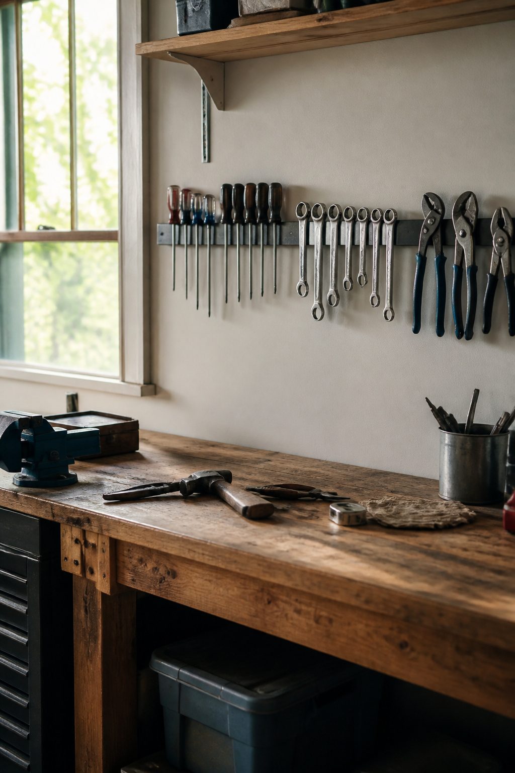 A magnetic strip mounted on a wall holding various small tools.