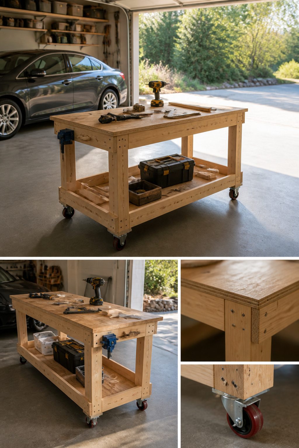 A rolling workbench made from plywood and 2x4s in a garage.