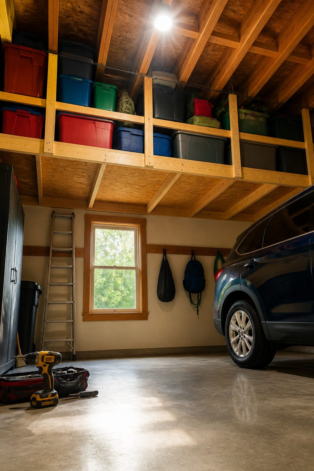 Ceiling-mounted storage racks holding bins and seasonal items in a garage.