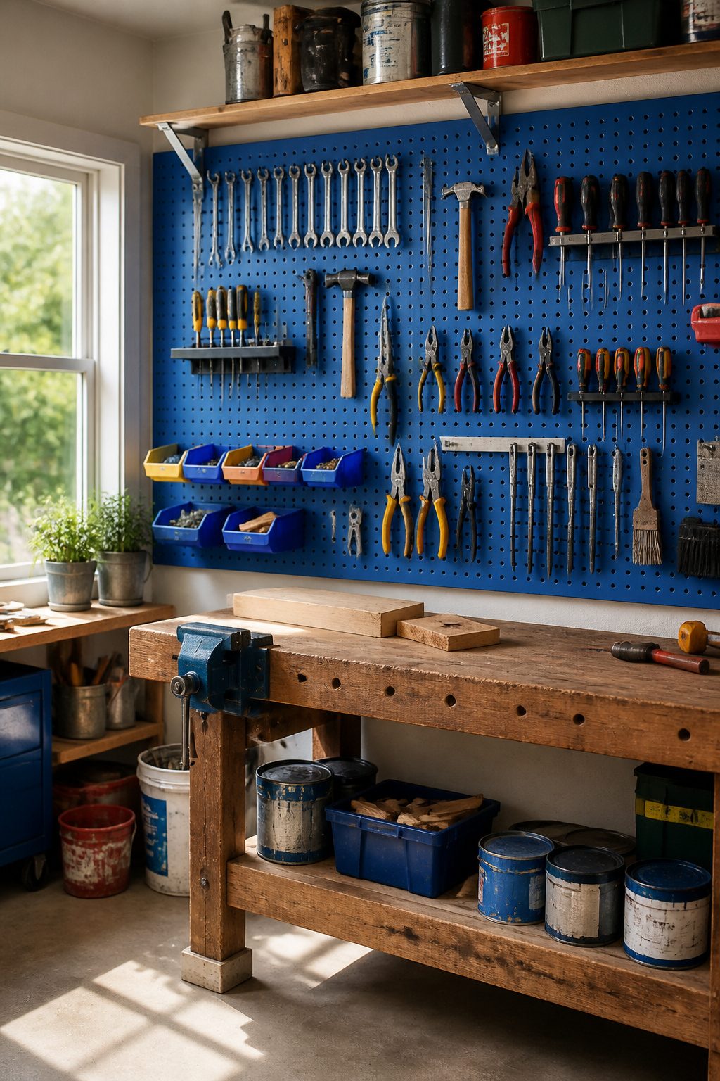 A pegboard tool wall displaying various hand tools and storage options.