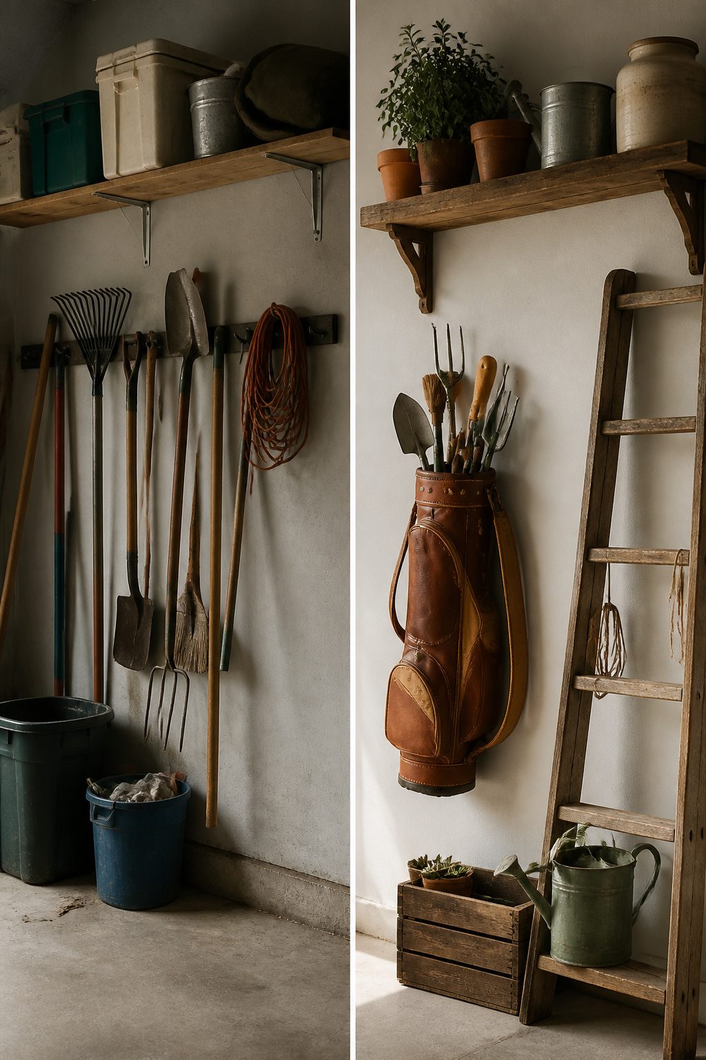 Various repurposed items organizing tools in a garage.