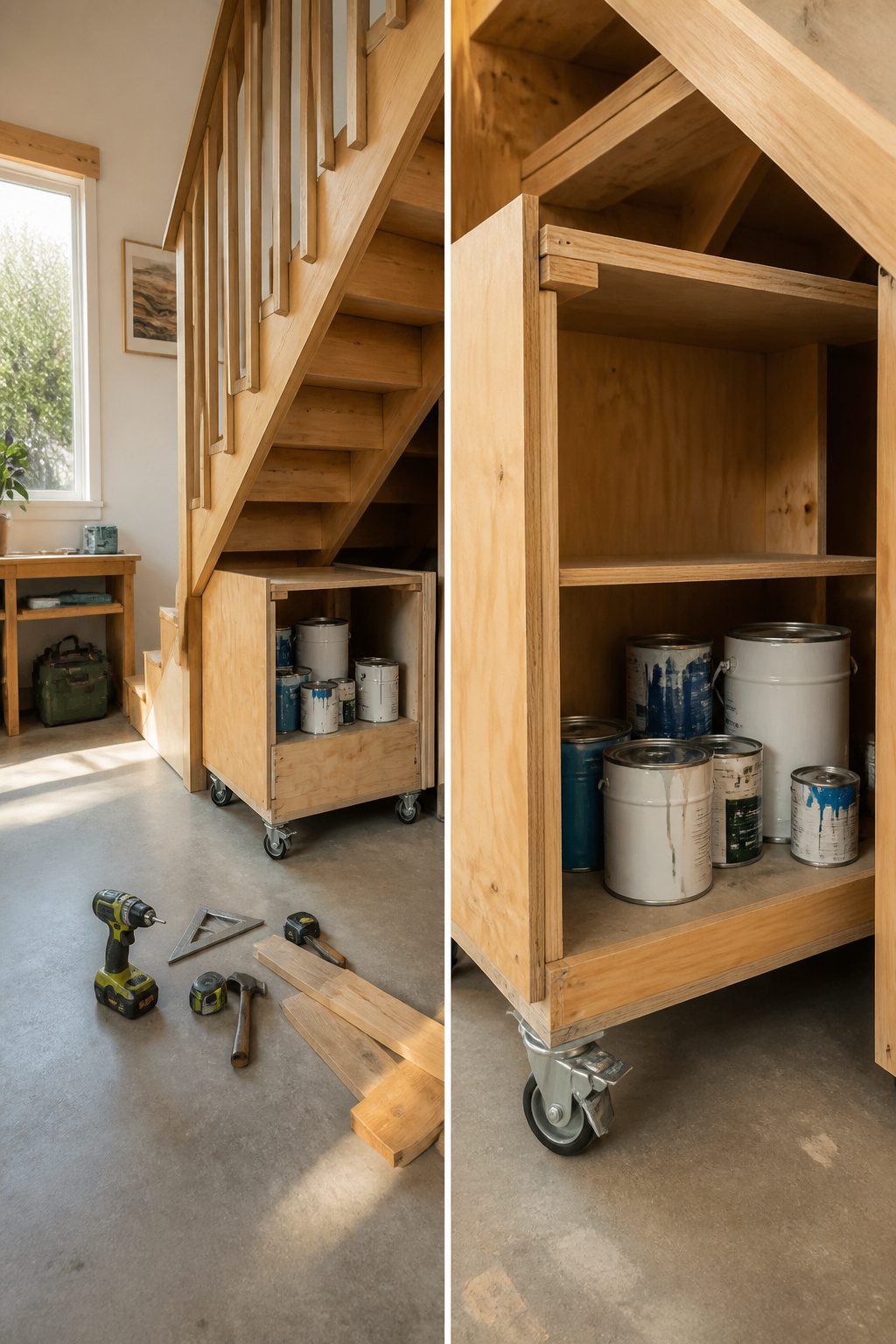 A plywood rolling storage cart with casters placed under garage stairs.