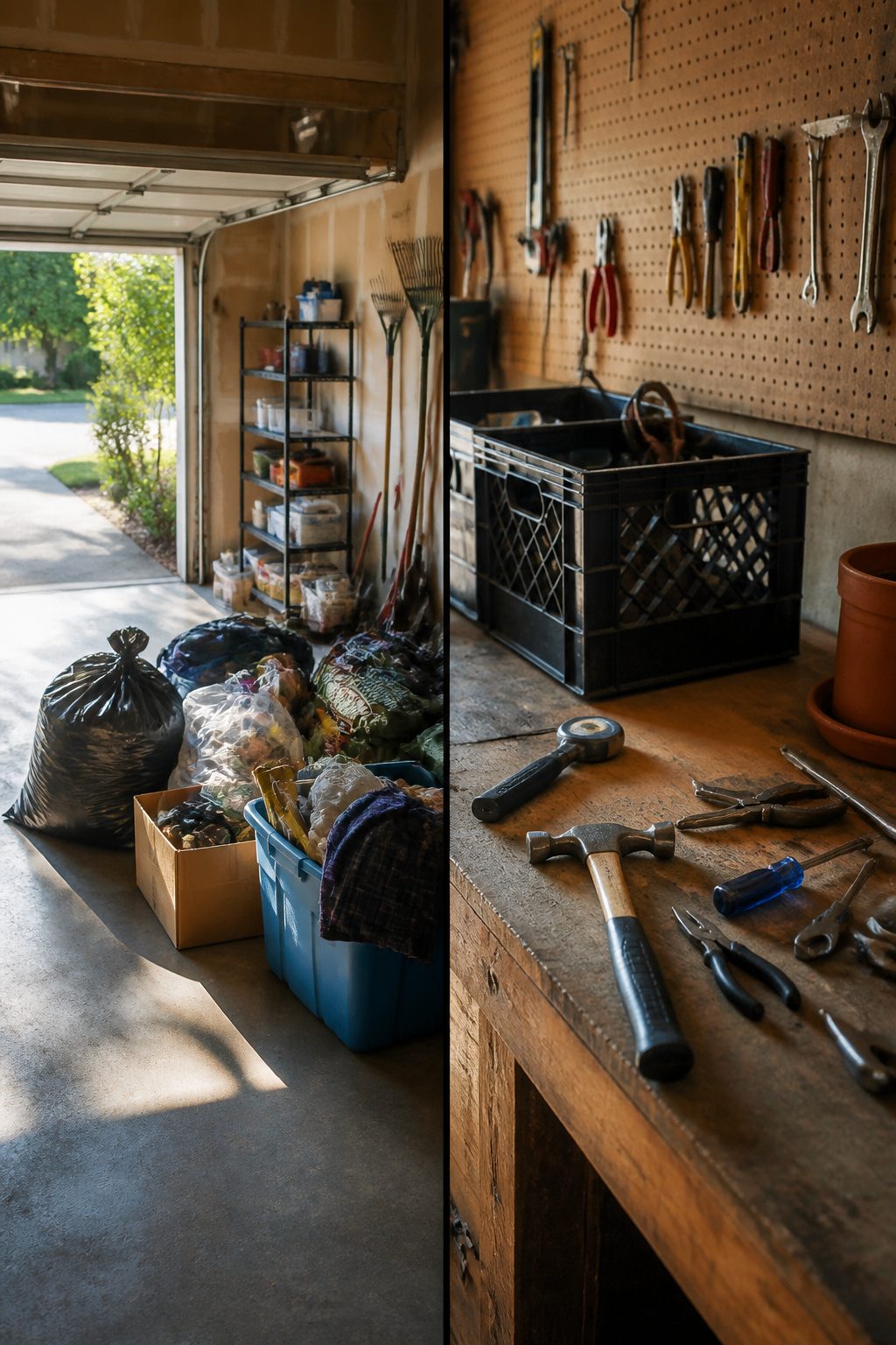 Piles of sorted items in a garage, labeled for keep, donate, and trash.