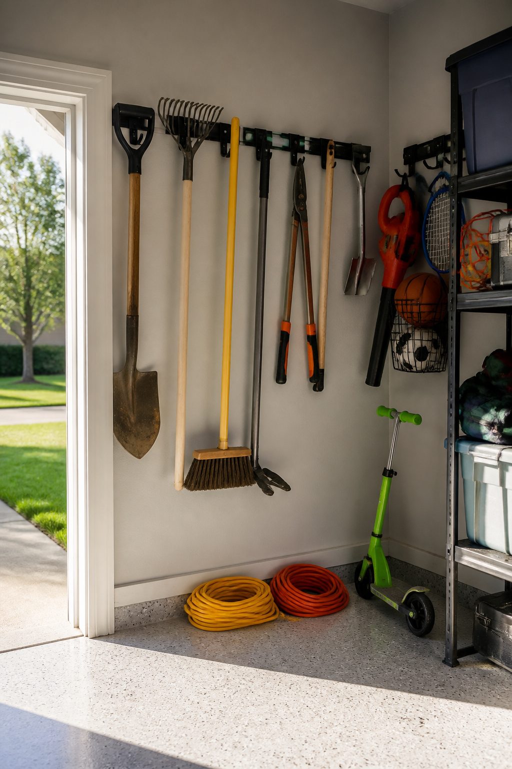 Heavy-duty wall-mounted hooks holding various garden tools and sports gear.