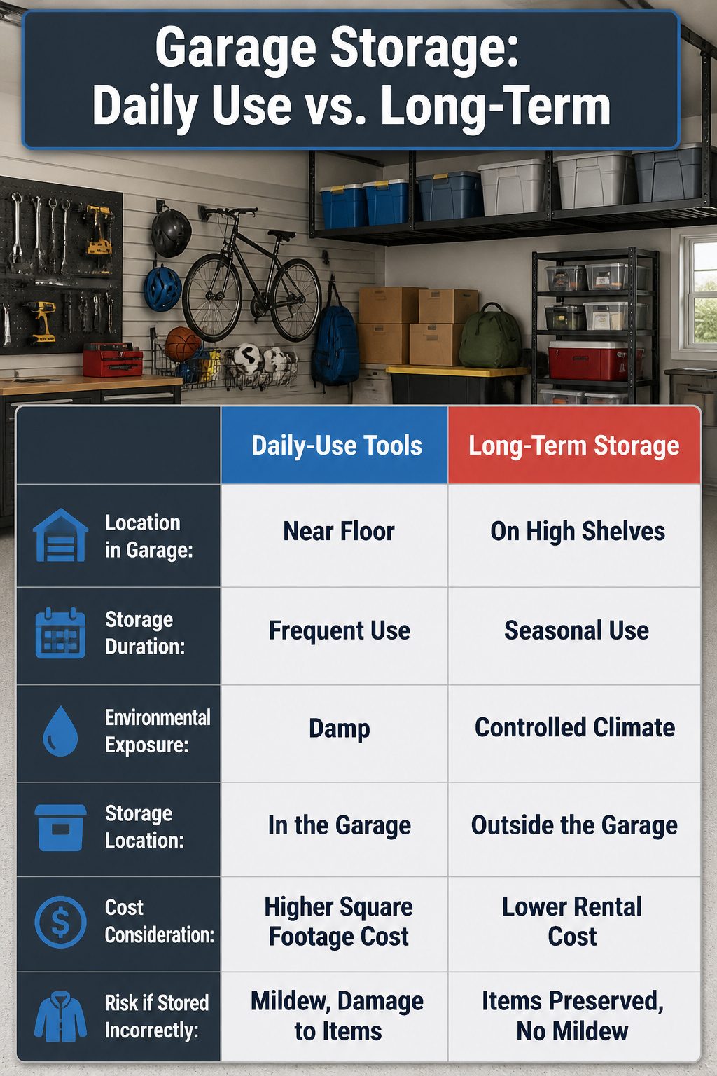 A garage section divided into daily-use and long-term storage items.