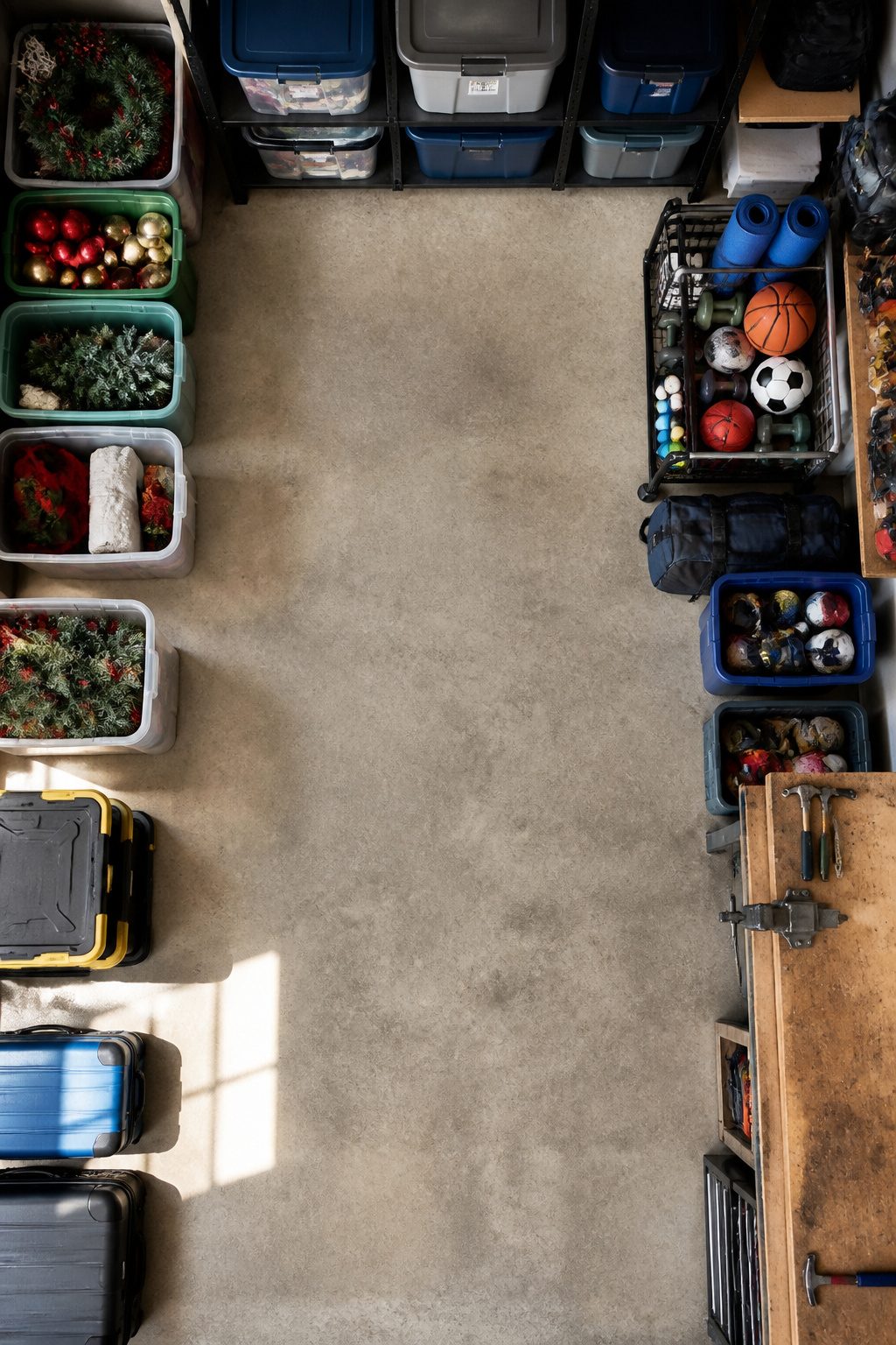 Labeled zones in a garage for holiday decorations, tools, and camping gear.