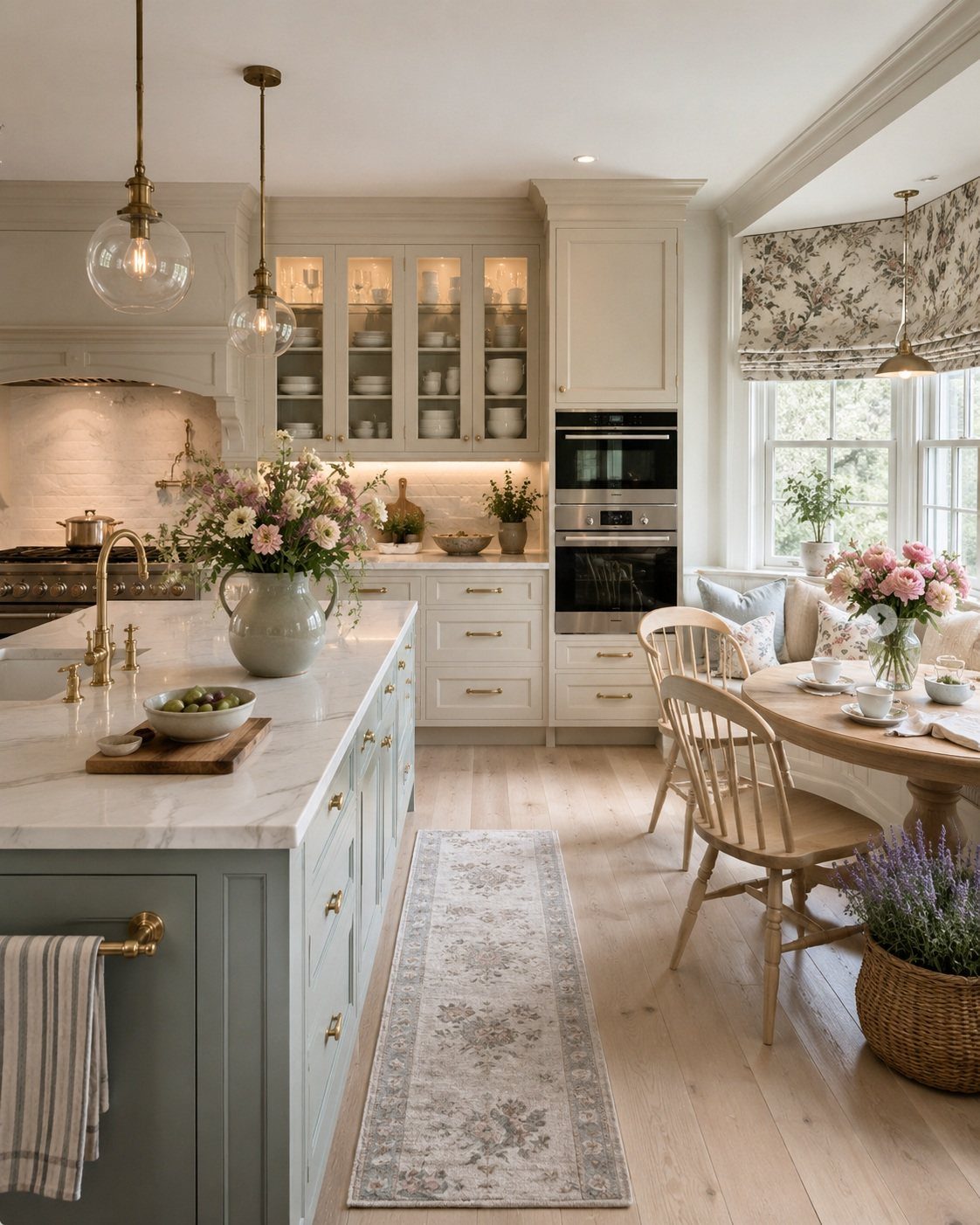 Farmhouse Kitchen Island Ideas: 14 Styles with Photos 15 Pale blue kitchen island with a white marble top and a vase of flowers.