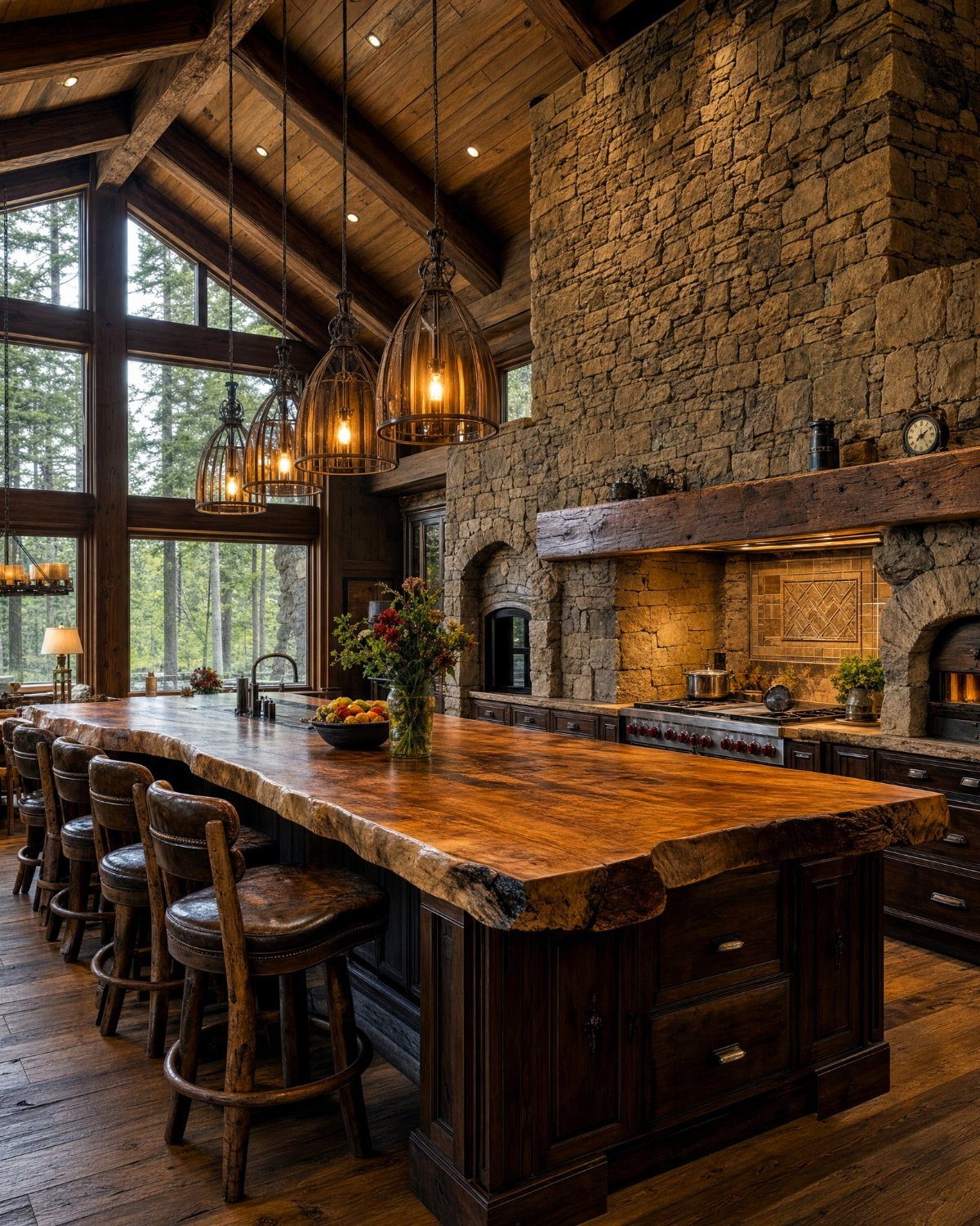 Farmhouse Kitchen Island Ideas: 14 Styles with Photos 2 Rustic kitchen island with live-edge wood top, dark drawers, and stone wall background.