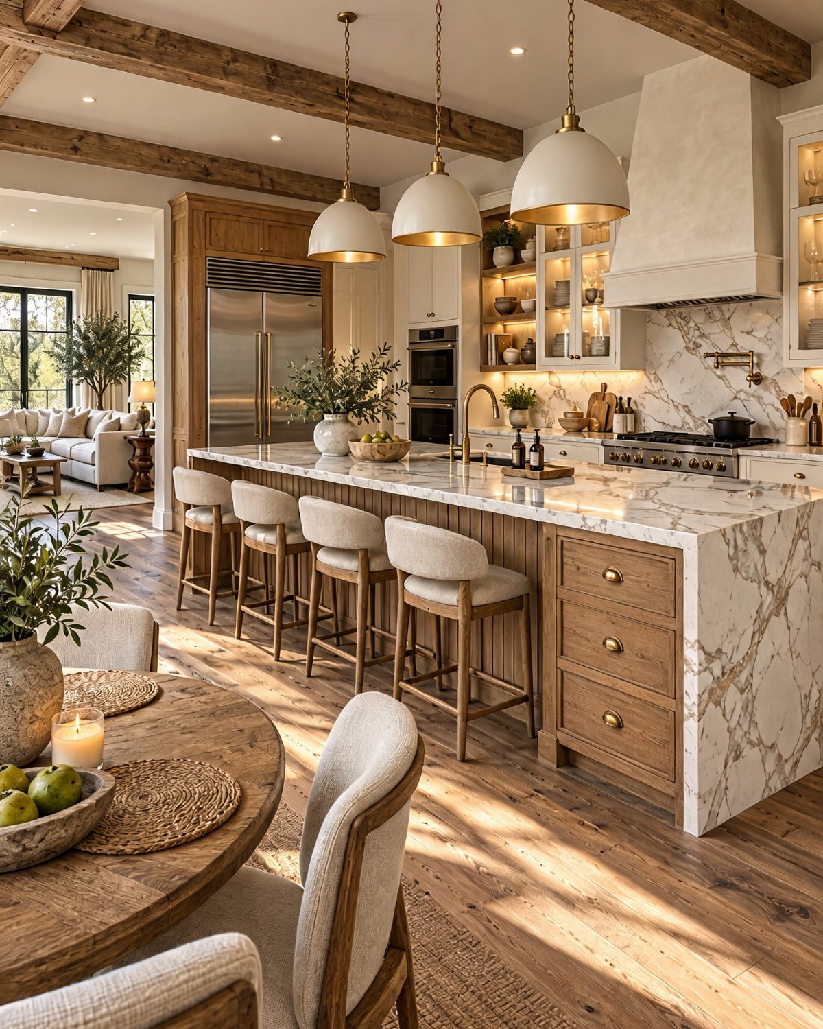 Farmhouse Kitchen Island Ideas: 14 Styles with Photos 7 Marble kitchen island with wooden cabinetry, cream stools, and rustic ceiling beams.