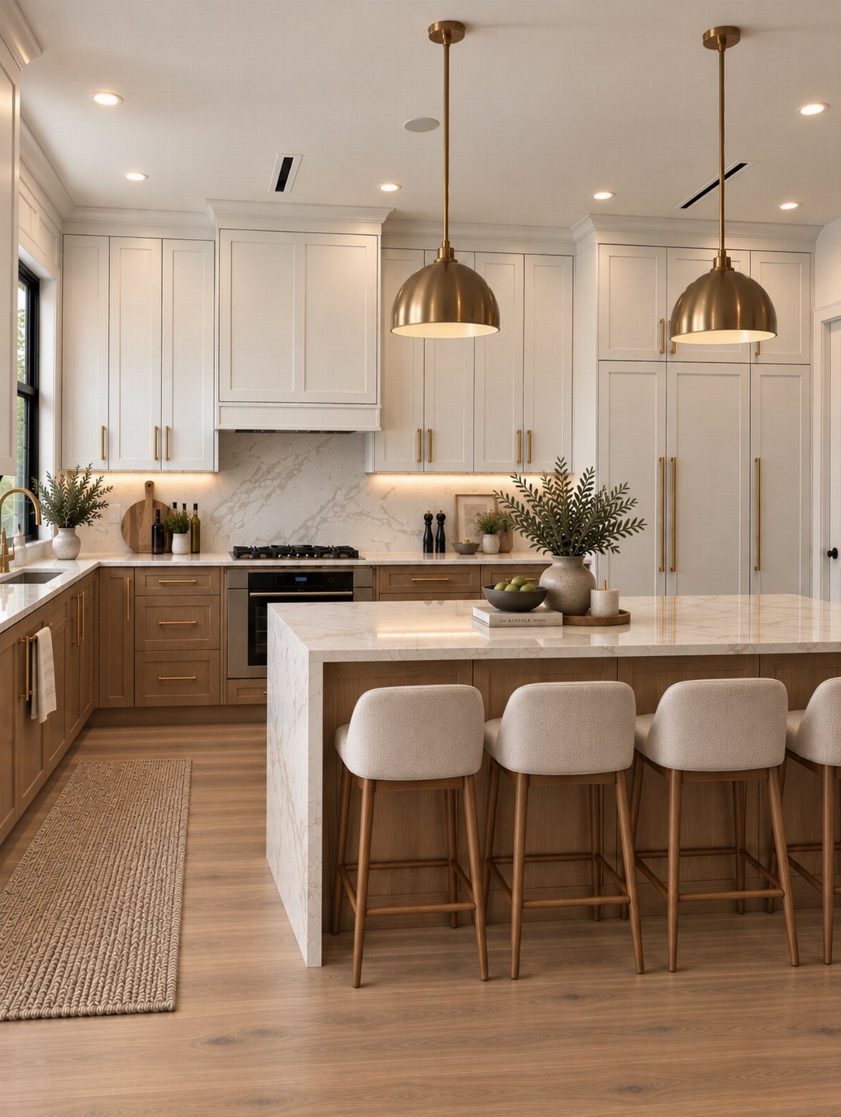 Farmhouse Kitchen Island Ideas: 14 Styles with Photos 11 White marble kitchen island with cream bar stools and gold pendant lighting.
