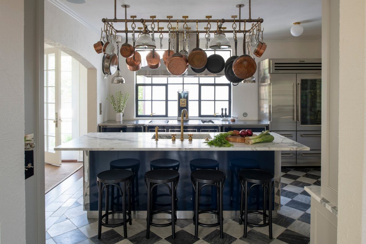 Farmhouse Kitchen Island Ideas: 14 Styles with Photos 8 Metal pot rack with copper cookware hanging above a blue kitchen island