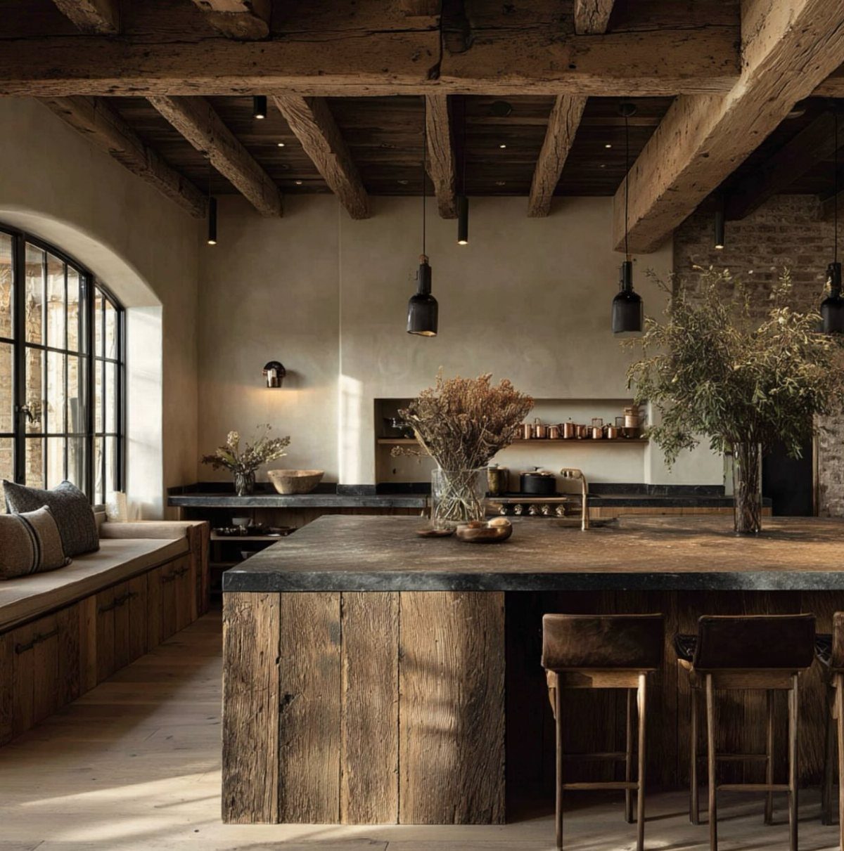 Farmhouse Kitchen Island Ideas: 14 Styles with Photos 6 Reclaimed wood kitchen island with dark stone countertop and exposed timber ceiling beams.