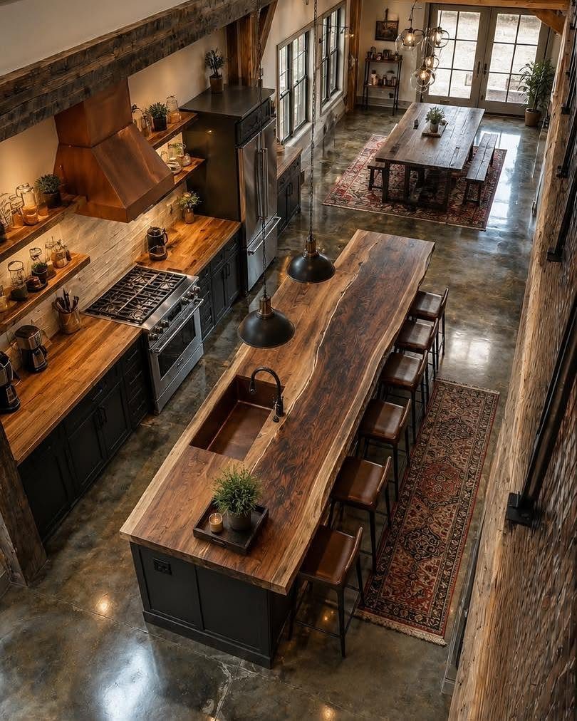 Farmhouse Kitchen Island Ideas: 14 Styles with Photos 9 Live-edge wood kitchen island with a built-in sink and black base cabinets.