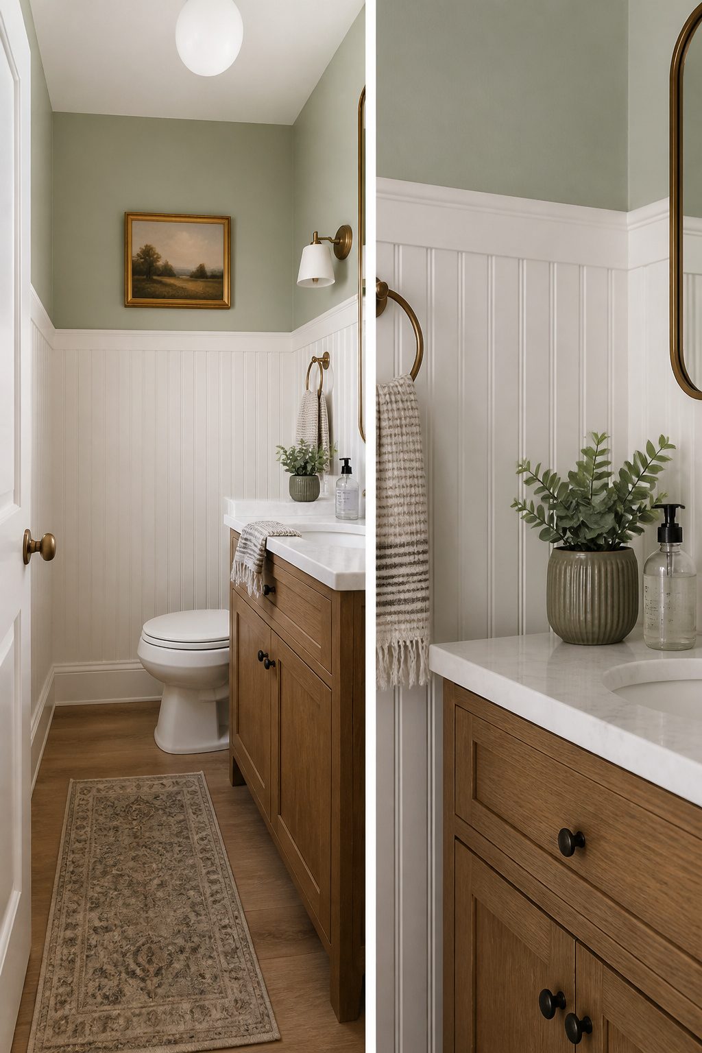 Beadboard installed on the lower part of bathroom walls.