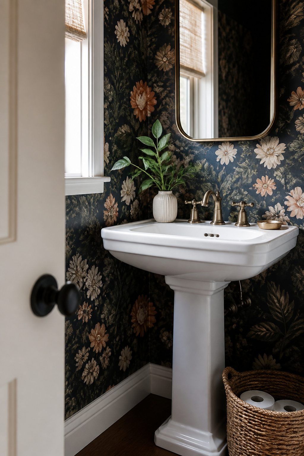 A small bathroom with bold wallpaper on one wall.