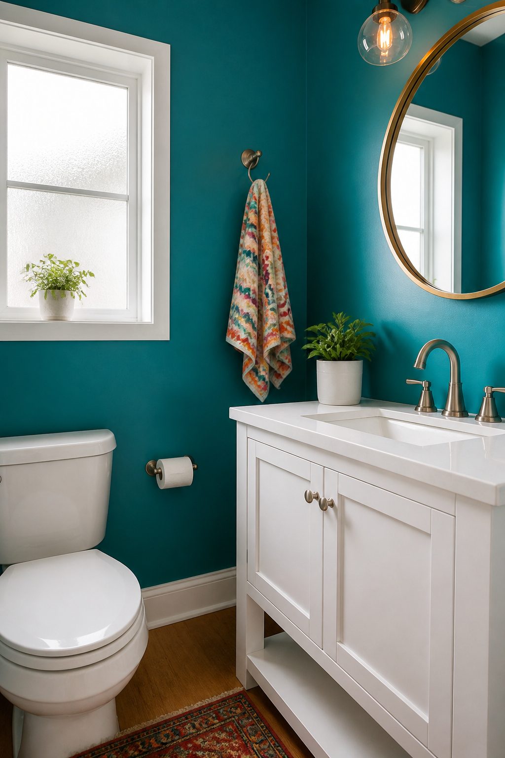 Half bathroom with a bold teal accent wall and white vanity.