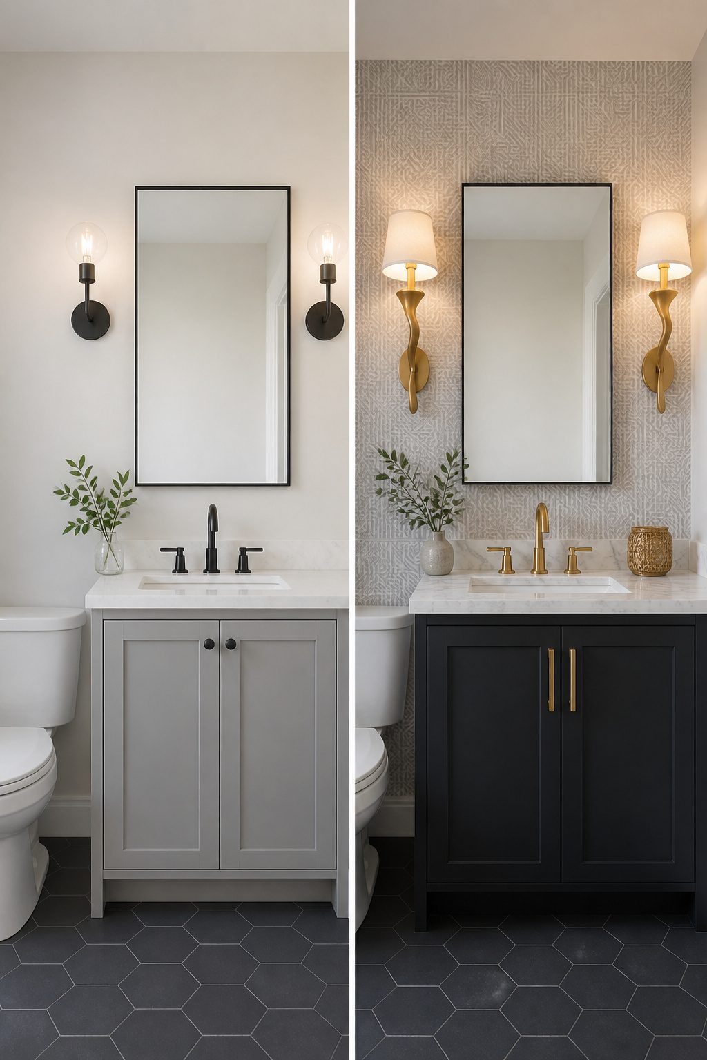Decorative wall sconces illuminating a stylish half bathroom.