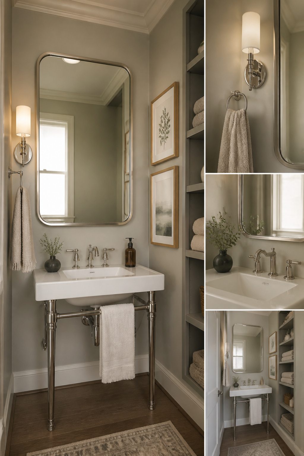 A mirror and framed prints decorating a small bathroom.
