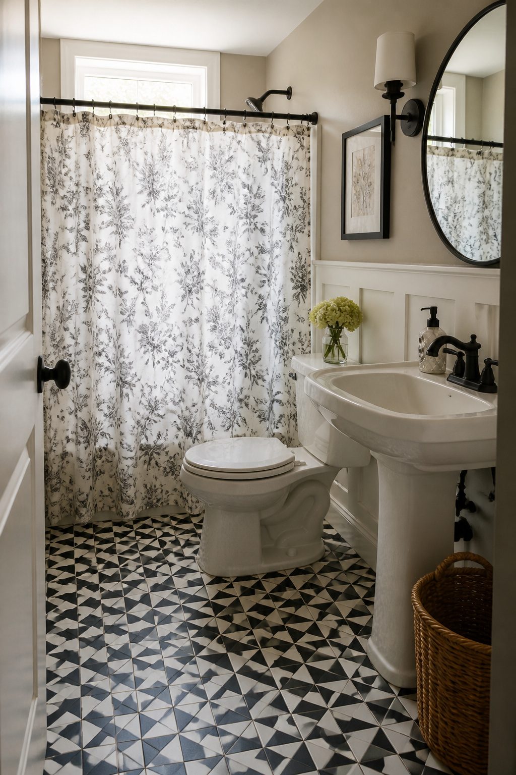 Black-and-white geometric floor tiles with a floral shower curtain.